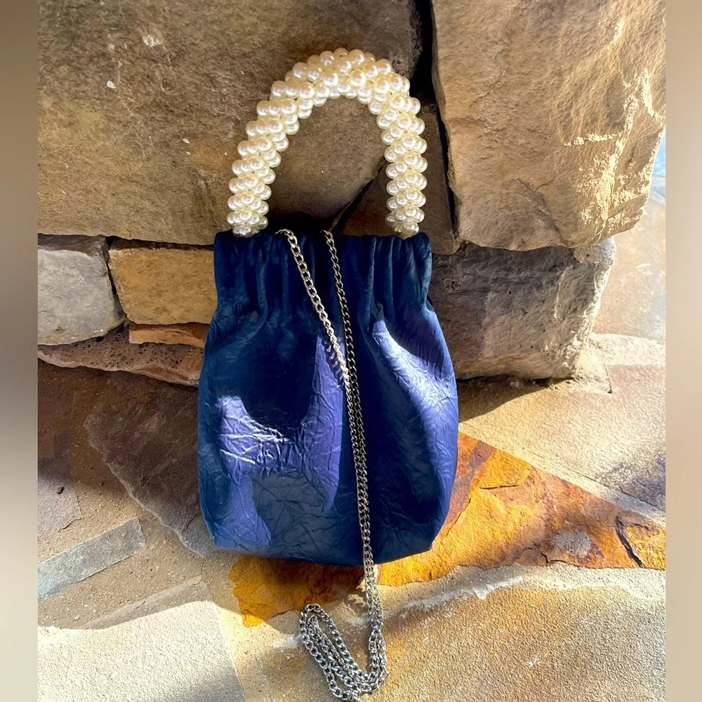 NWT Zara Blue Pearl Handle Wrinkled Crossbody Bag